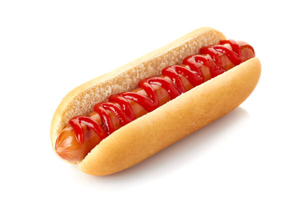 Hot dog with ketchup isolated on white background